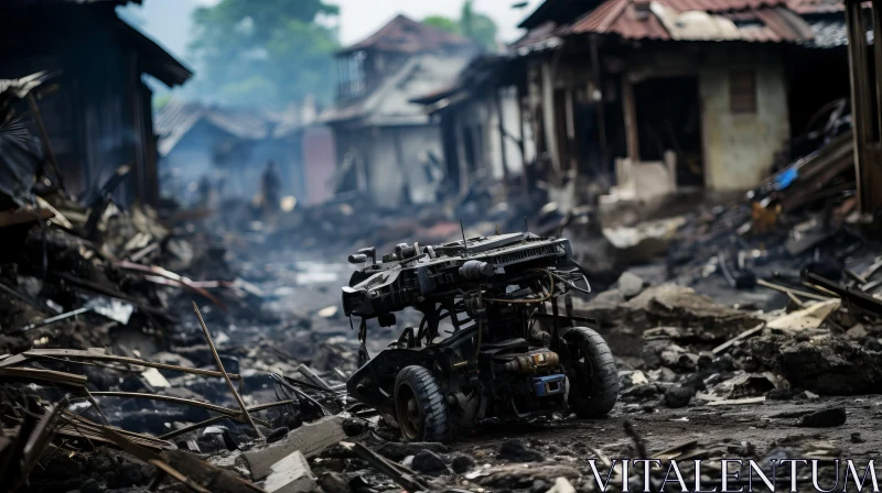 Post-Apocalyptic Imagery: Scorched Vehicles in Rural Villages AI Image