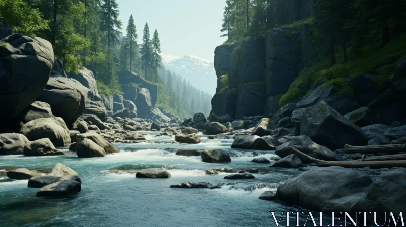 AI ART Serene River Flowing through Majestic Mountains - Hyper-Realistic Rendering