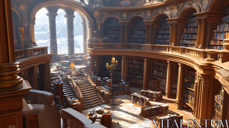 AI ART Ornate Library with Sunlight and Books