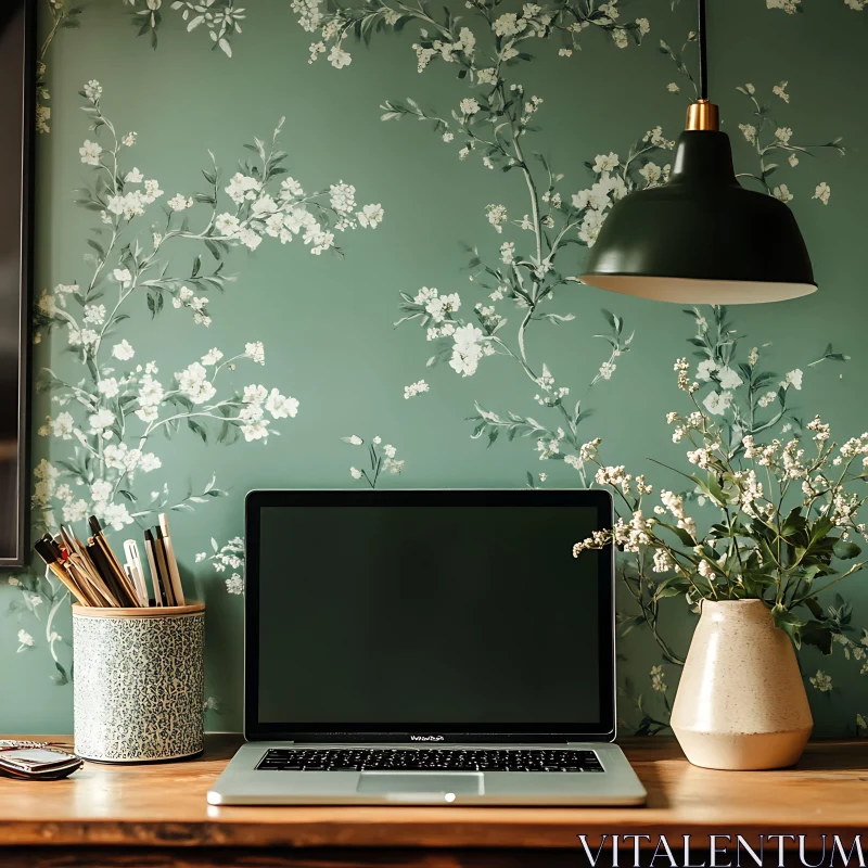 AI ART Floral Wallpaper Home Office Setup