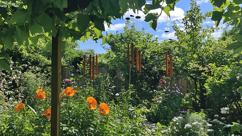 Orange Flowers and Wind Chimes in Garden