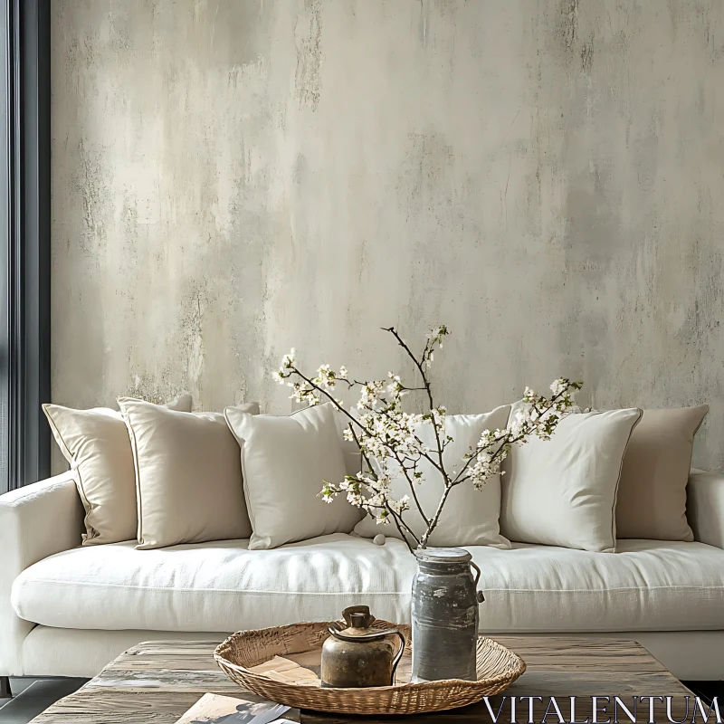 AI ART Neutral Interior with White Sofa and Flowers