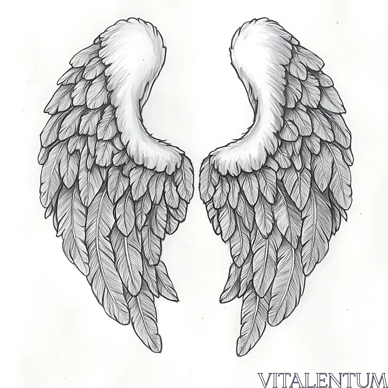 Monochrome Feathered Wings Drawing AI Image