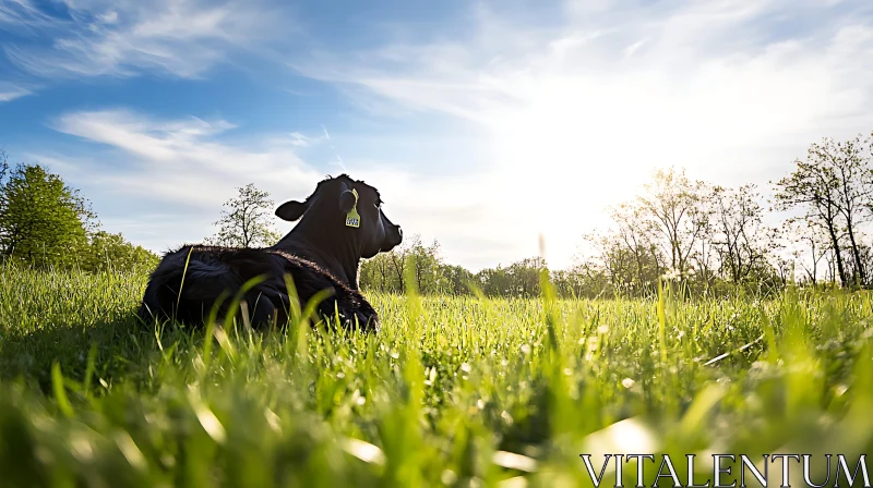 Peaceful Cow in Green Field AI Image