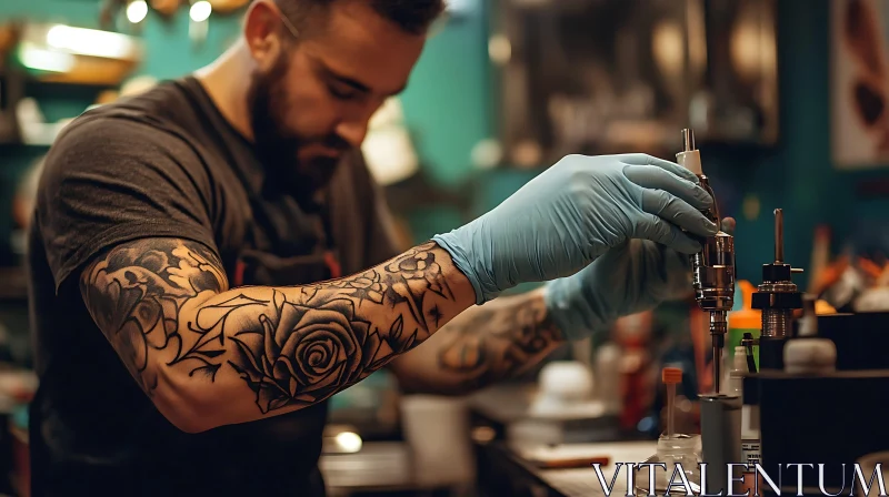 AI ART Focused Tattoo Artist in Studio with Ink Equipment