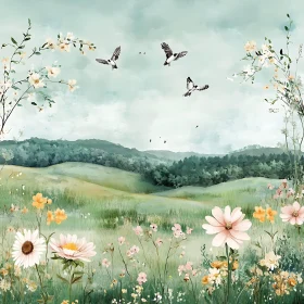 Floral Landscape with Birds in Flight