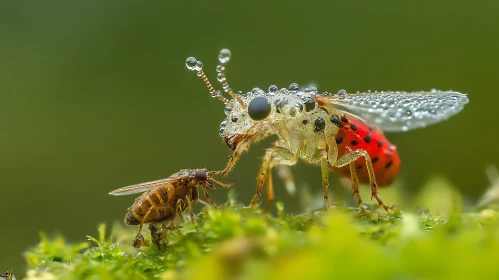 Dewy Ladybug and Fly Encounter in Nature