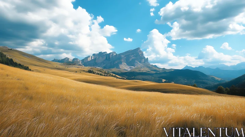 Golden Field and Mountain Peaks AI Image