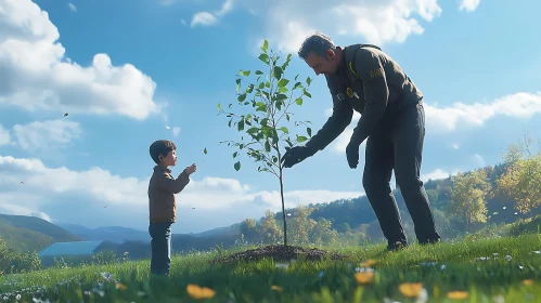 A Man and a Child Planting a Tree