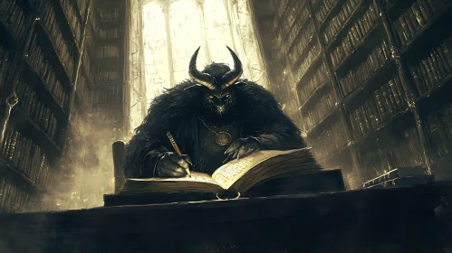 Horned Figure Writing in Old Library