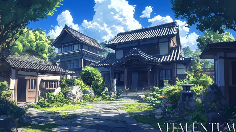 AI ART Traditional Japanese Buildings with Garden View