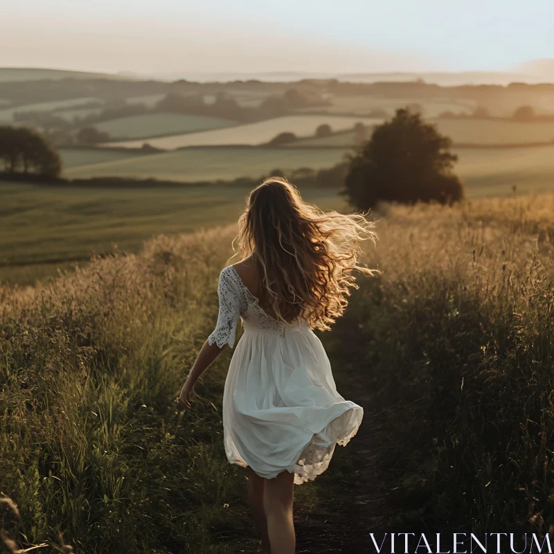 AI ART Woman Walking in Field at Sunset