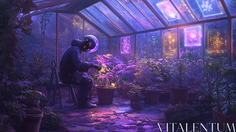 Astronaut in Neon Lit Greenhouse AI Image