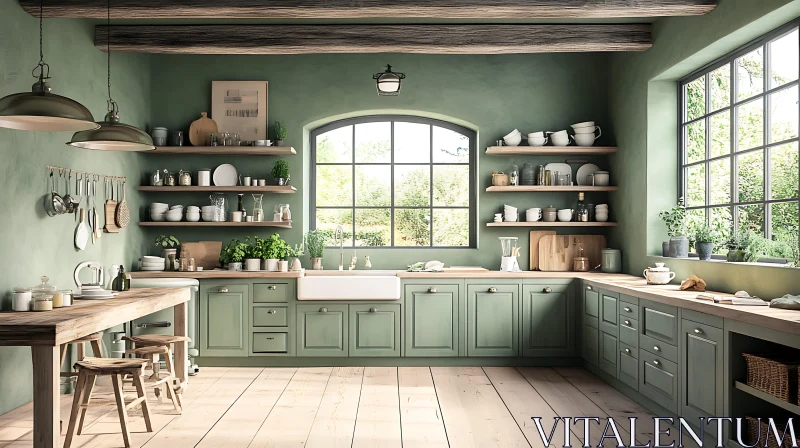 AI ART Rustic Green Kitchen with Natural Light