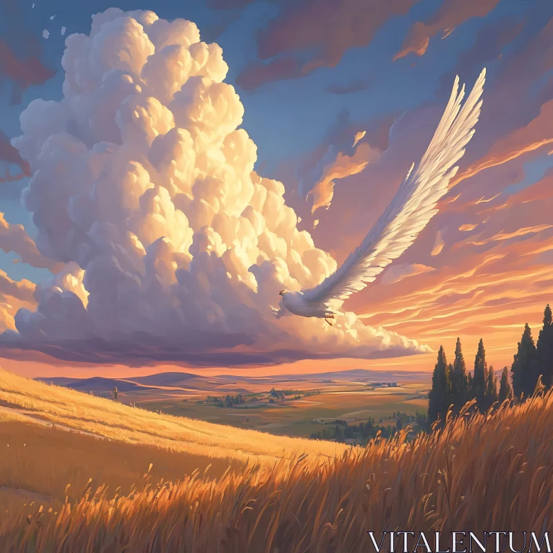 AI ART Sunset Flight Over Golden Field