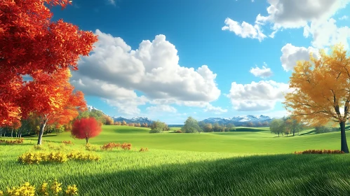 Autumnal Meadow with Trees and Clouds