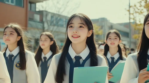 Smiling Schoolgirls in Uniforms