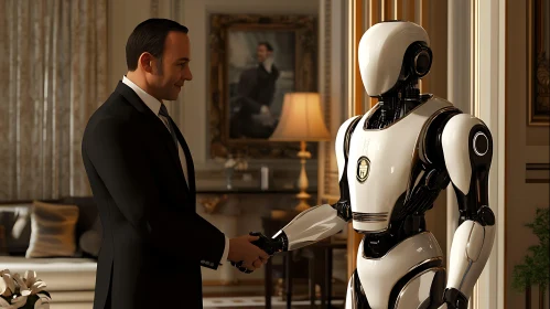 Futuristic Business Meeting Between Human and Robot