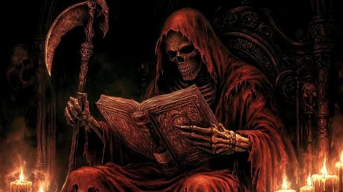 Macabre Scene: Skeleton Reading by Candlelight