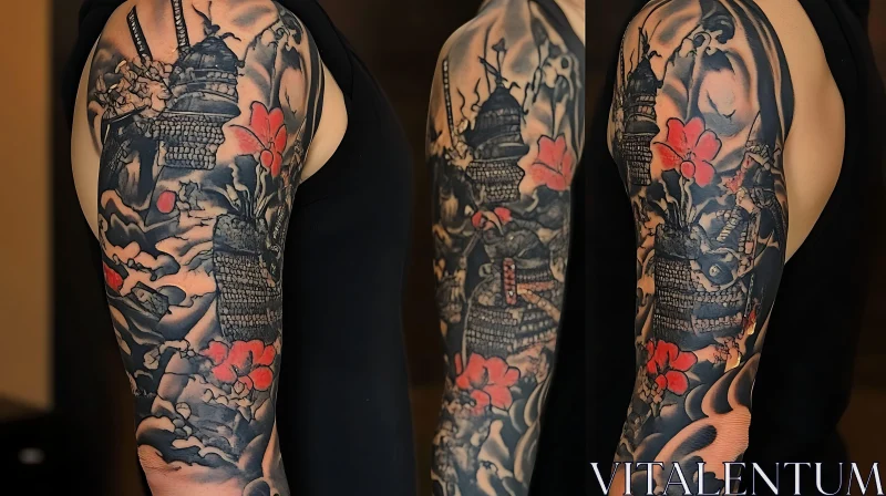 Japanese-Themed Tattoo Sleeve with Pagoda and Flowers AI Image