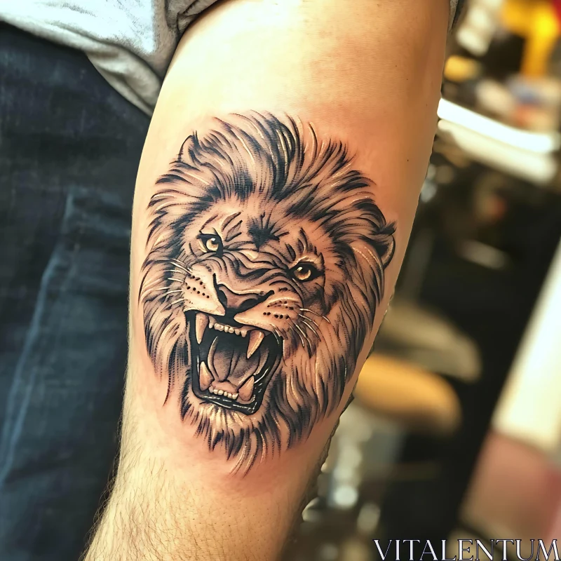 Realistic Roaring Lion Arm Tattoo AI Image