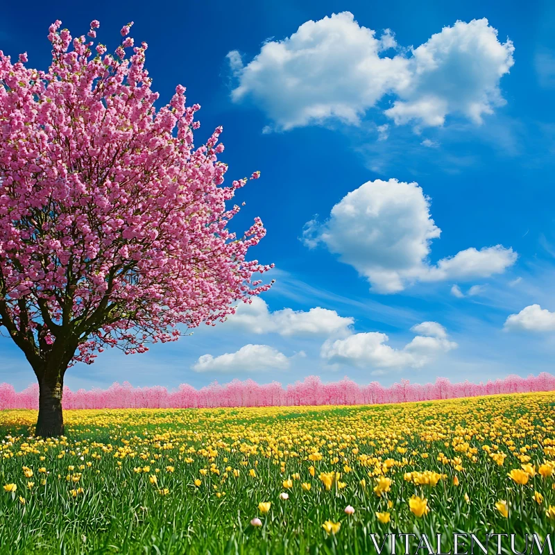 Pink Blossom Tree with Yellow Flower Field AI Image