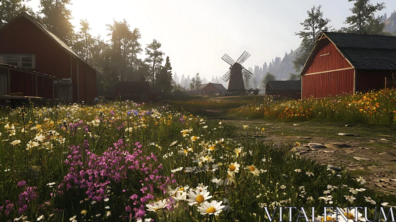 Rural Farm with Windmill and Wildflowers AI Image