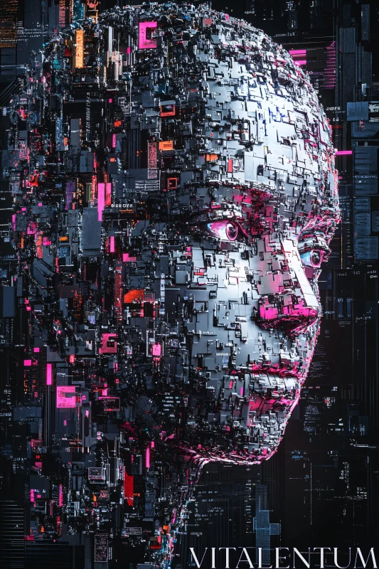 Digital Art of Cyborg Face with Neon Highlights AI Image