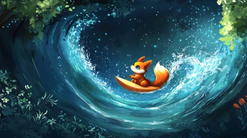 Whimsical Fox on Crescent Moon Wave