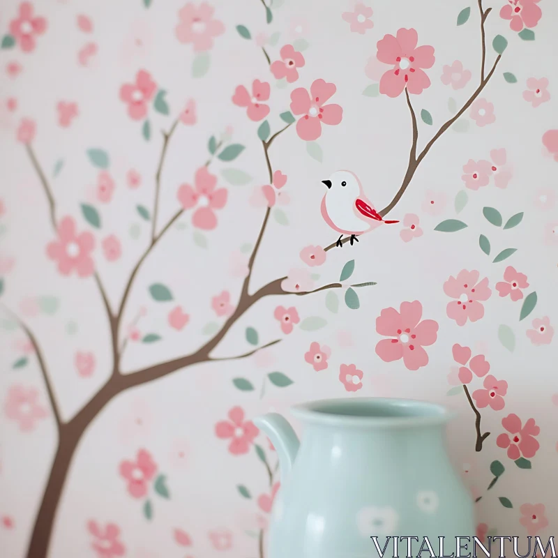 Pastel Floral Scene with Bird and Pitcher AI Image