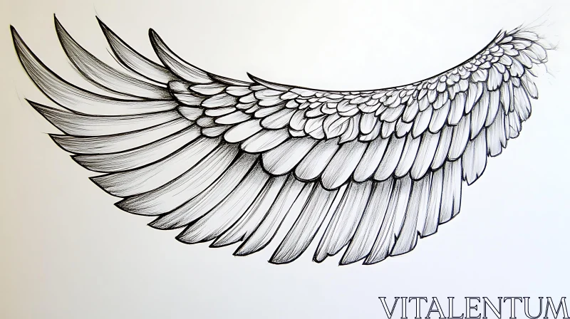 Detailed Drawing of an Angelic Wing in Black-and-White AI Image