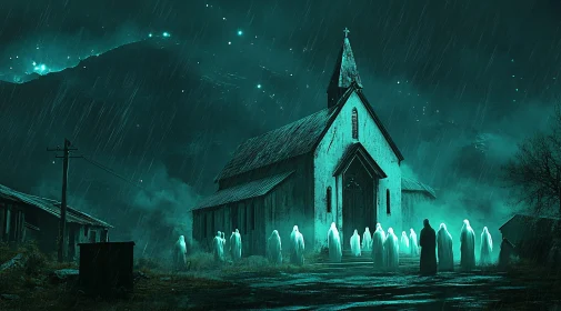 Silent Specters: A Rainy Night at the Church