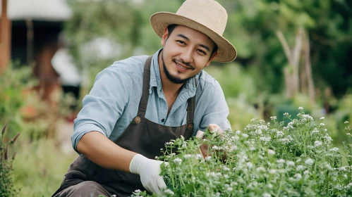 Happy Gardener Tending to His Plants