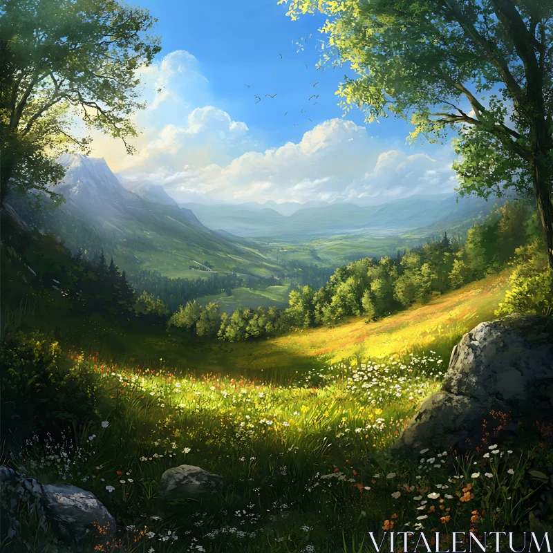 AI ART Green Valley and Mountain Scenery