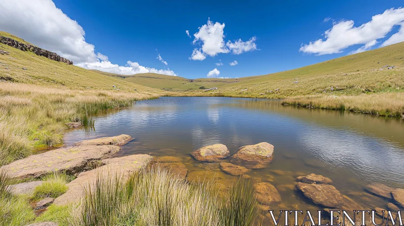 AI ART Peaceful Lake Landscape with Hills and Blue Sky