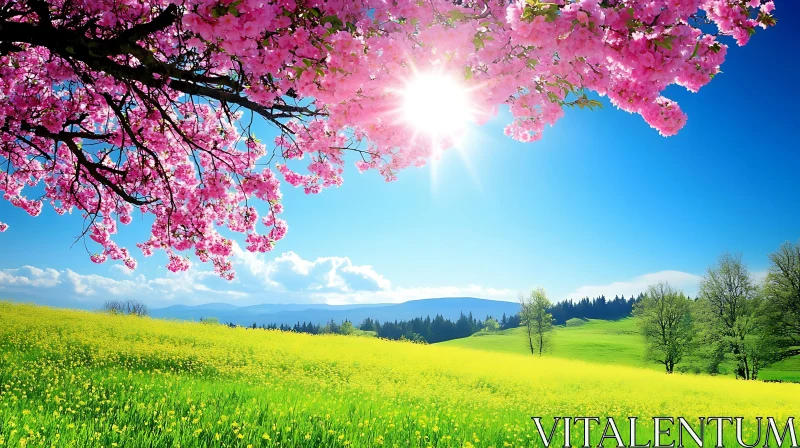 Spring Meadow with Blossoming Tree AI Image