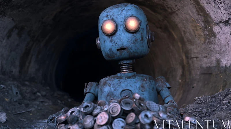 Blue Robot in Dark Tunnel AI Image