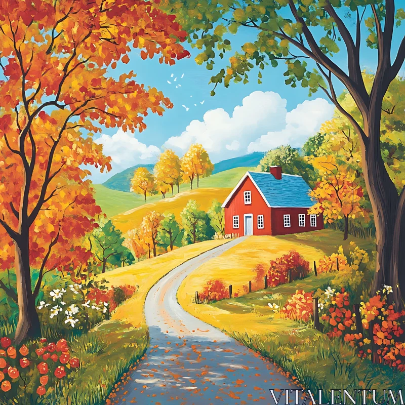 Charming Autumn House Landscape Art AI Image