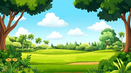 Cartoon Green Field with Blue Sky