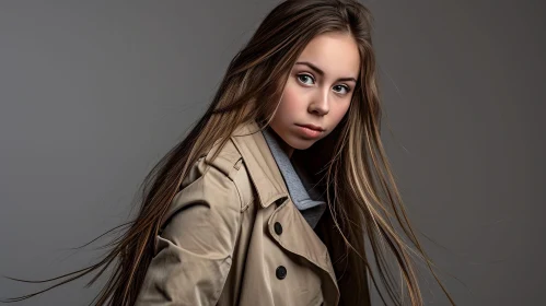 Captivating Portrait of a Young Girl in a Tan Trench Coat
