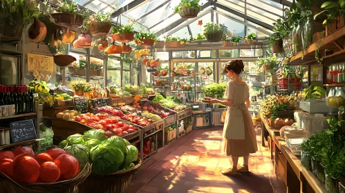 Sunlit Greenhouse with Woman and Vegetables