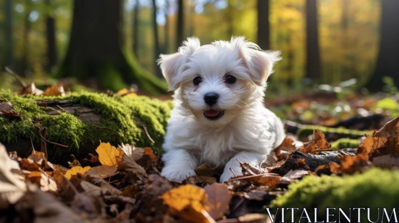 Cheerful and Playful Forest Scene with a Small White Dog AI Image