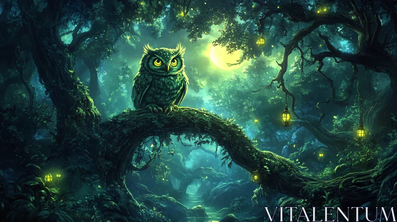 Mystical Owl in Moonlit Forest AI Image