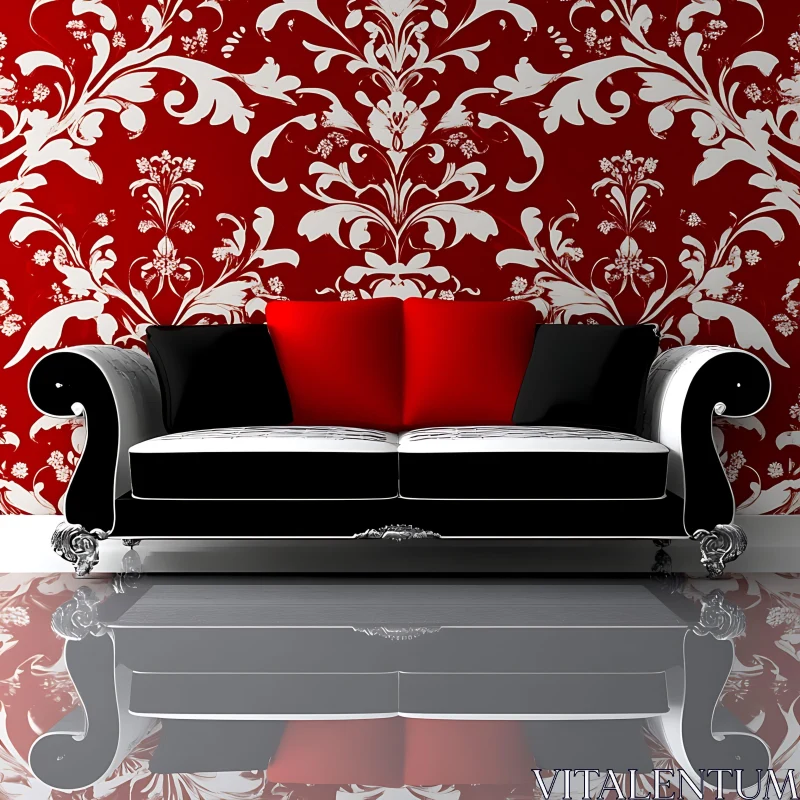 AI ART Ornate Couch with Red and Black Design