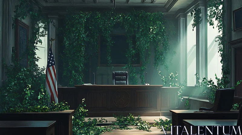 Abandoned Courtroom Reclaimed by Nature AI Image