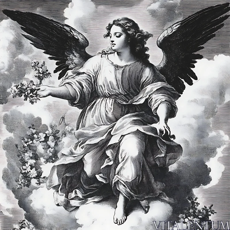 Monochrome Angel Offering Flowers Art AI Image