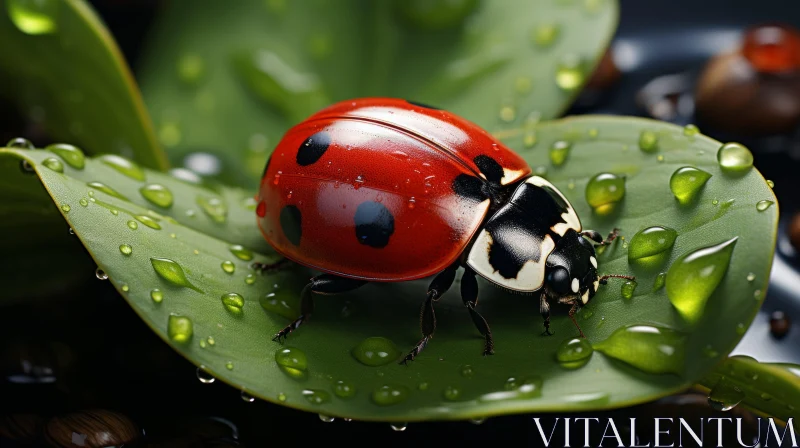 Photorealistic Depiction of Ladybug on Rain-Drenched Leaf AI Image
