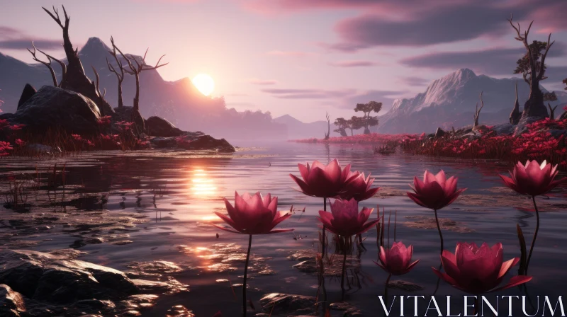 Sunrise Lotus Flowers in Unreal Engine Rendered Landscape AI Image