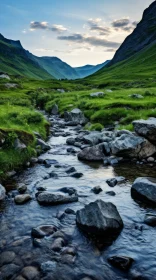 Tranquil Stream in a Green Valley Amongst Majestic Mountains