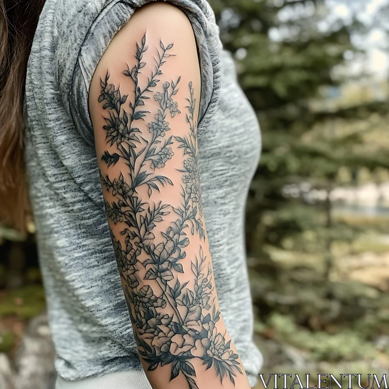 AI ART Black and Grey Floral Tattoo on Arm